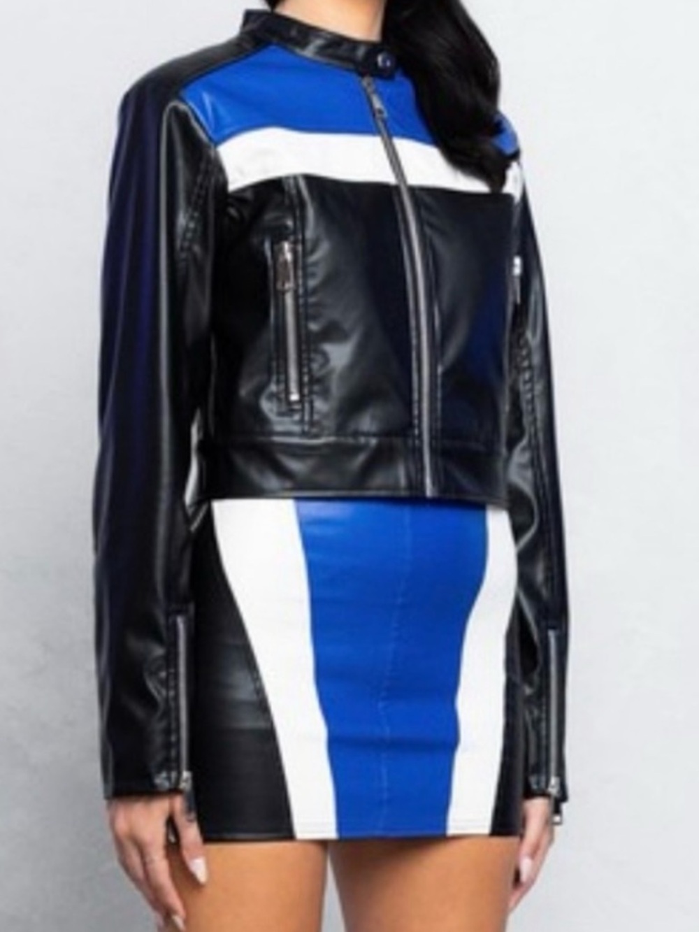 Colorblock Faux Leather Moto Jacket - Blue & Black please the below